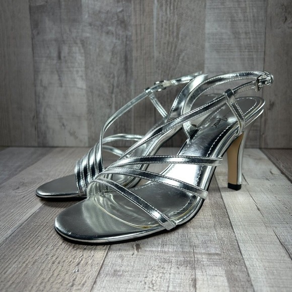 Jacqueline Ferrar Women's Strappy Ankle Strap Sandals High Heels Silver Size 7.5 - Picture 2 of 13
